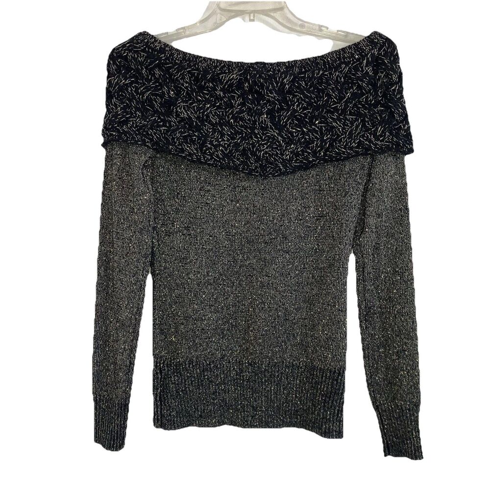 BEBE sz S Knit Sweater Top Black Gold Sparkle Neutral Fold Over Collar Boat Neck